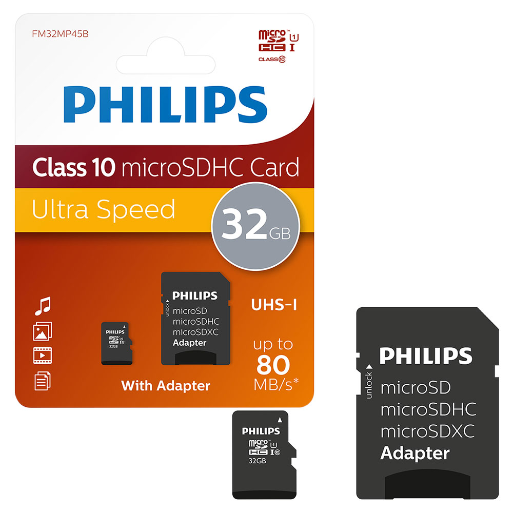 Philips Micro SD SDHC Class 10 UHS-1 80MB/s Memory Card with Full Size SD Adapter - 32GB