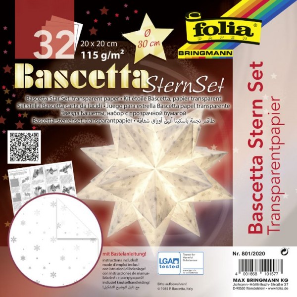Bascetta Stern Set, transparent, 20x20cm, 32 Blatt, weiß/silber mit Schneeflo...