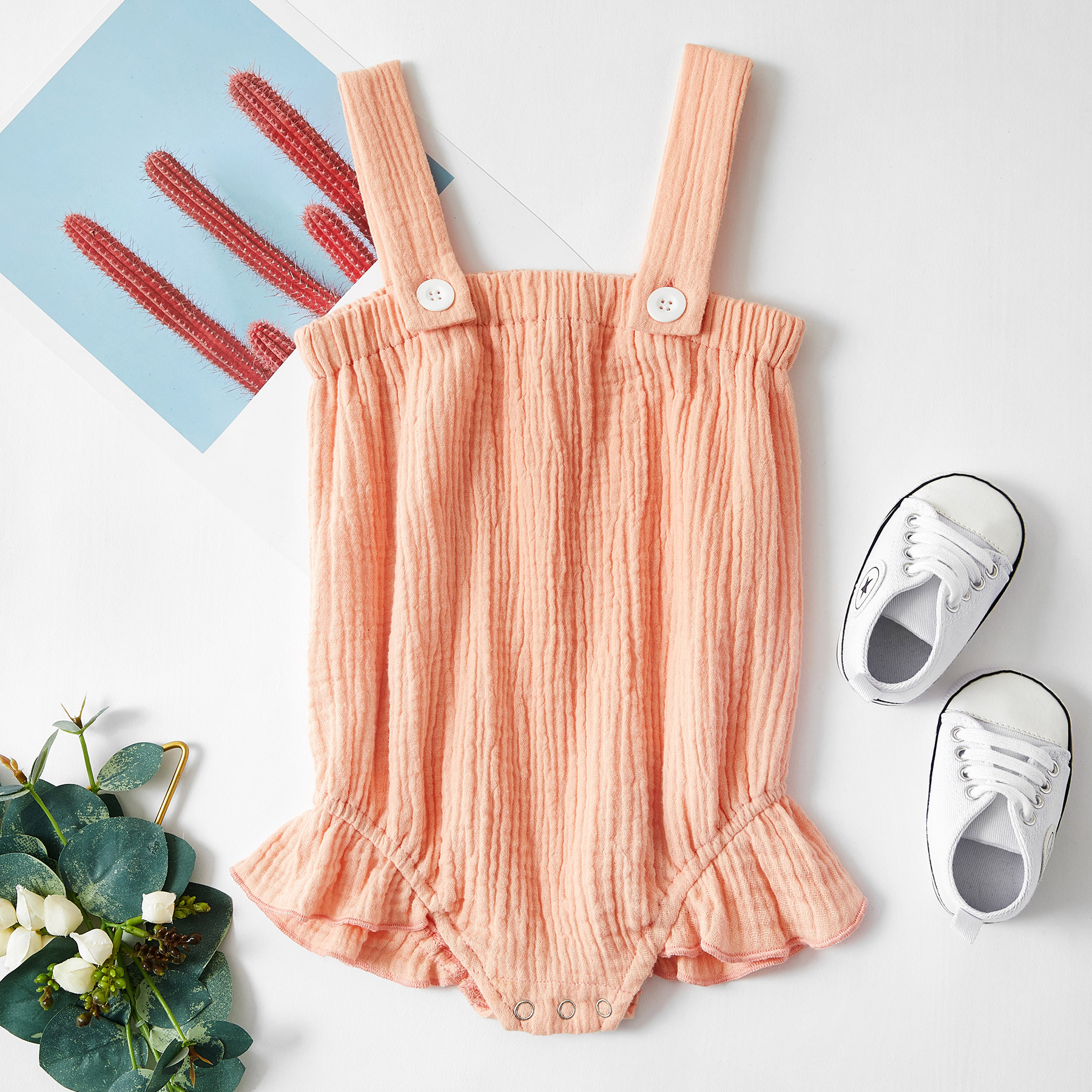 Baby Girl Fashionable Solid Flounced Strappy Romper