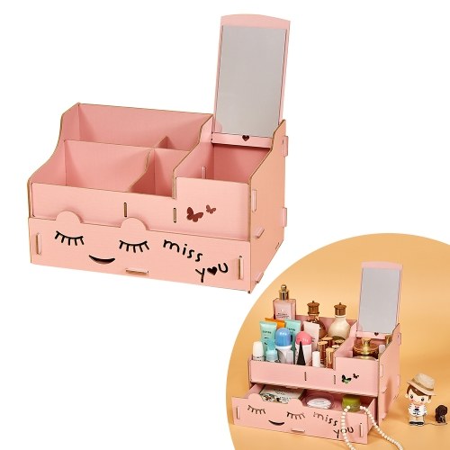 Caja de organizador de maquillaje de madera con espejo Titular de almacenamiento de múltiples ranuras de escritorio para Jewlry Cosmetic Supplies