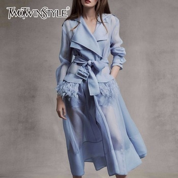 TWOTWINSTYLE Voile Lace up Windbreaker Dress Women Long Sleeve Feather Pockets Sexy Party Dresses Female Elegant Clothes 2019