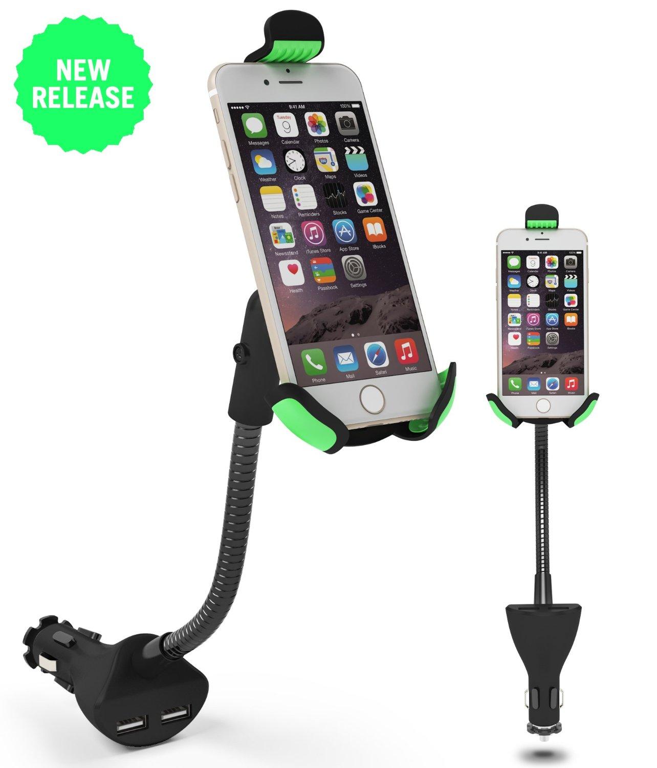 Car Phone Holder with Dual USB Charger Mount Stand for Apple iPhone Samsung Galaxy Huawei Xiaomi etc Phones GPS PDA