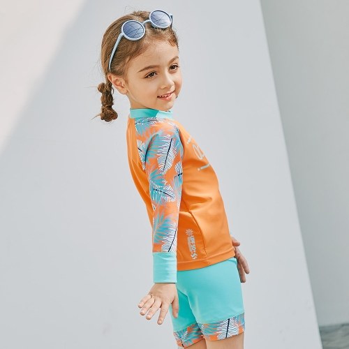 Girl Two-Piece Long Sleeve Swimsuit + Cap Set UPF50+ Sun Protection Quick-dry Rash Guards Swimwear Bathing suit For Kids Toddler Orange 90CM