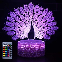Peacock 16 Color Changing Night Lamp 3D Atmosphere Bulbing Light 3D Visual Illusion LED Lamp for Kids Toy Christmas Birthday Gifts (Peacock)