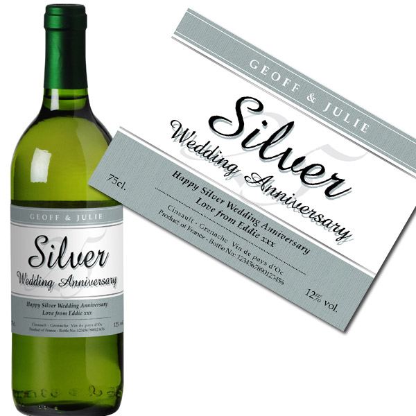 Personalised Silver Wedding Anniversary White Wine Bottle in Gift Box