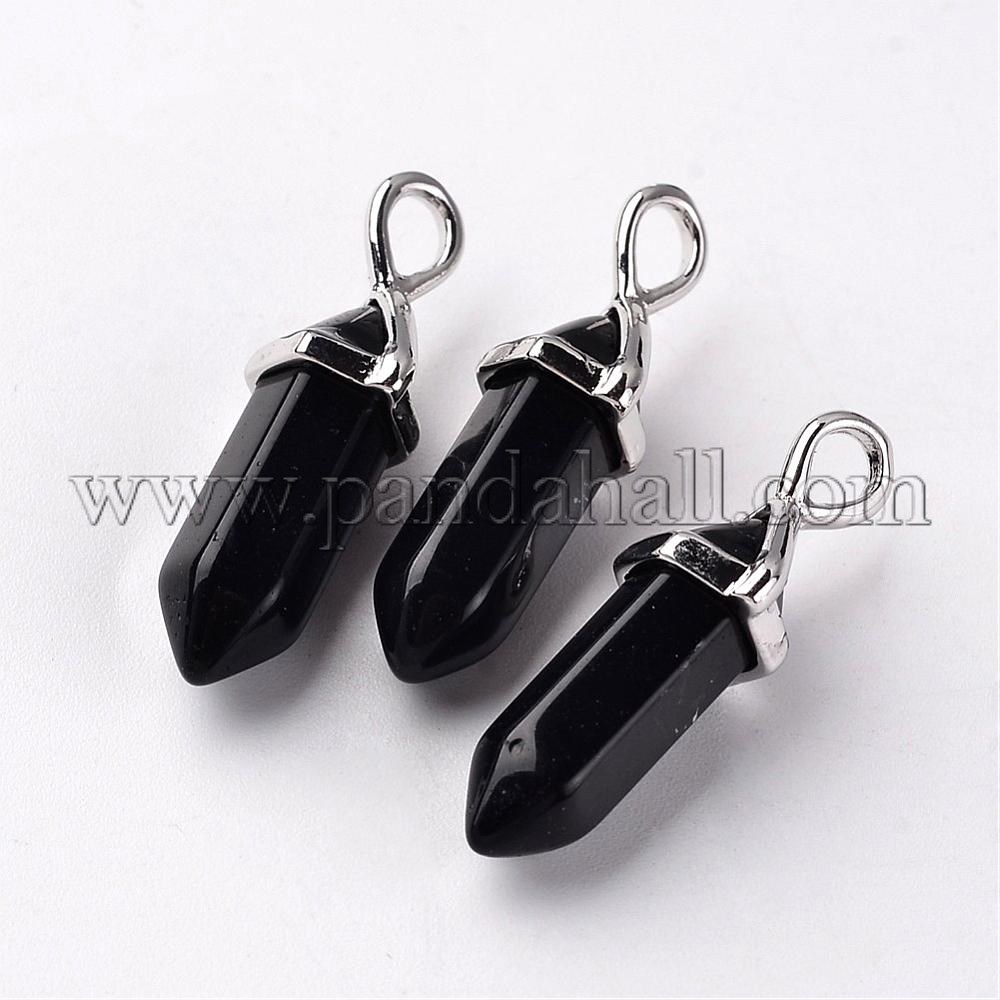 Bullet Natural Obsidian Pendants, with Platinum Tone Brass Findings, 29~31x10x8mm, Hole: 4x3mm