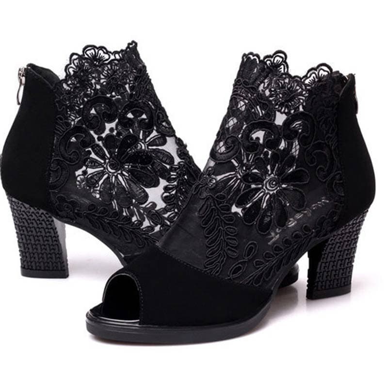 Thick Lace Cloth High Heels Fish Mouthed Shoes