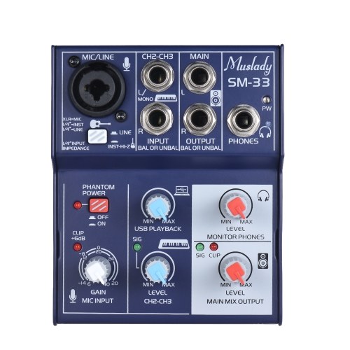 Muslady SM-33 Mini 3-Channel Sound Card Mixing Console Digital Audio Mixer