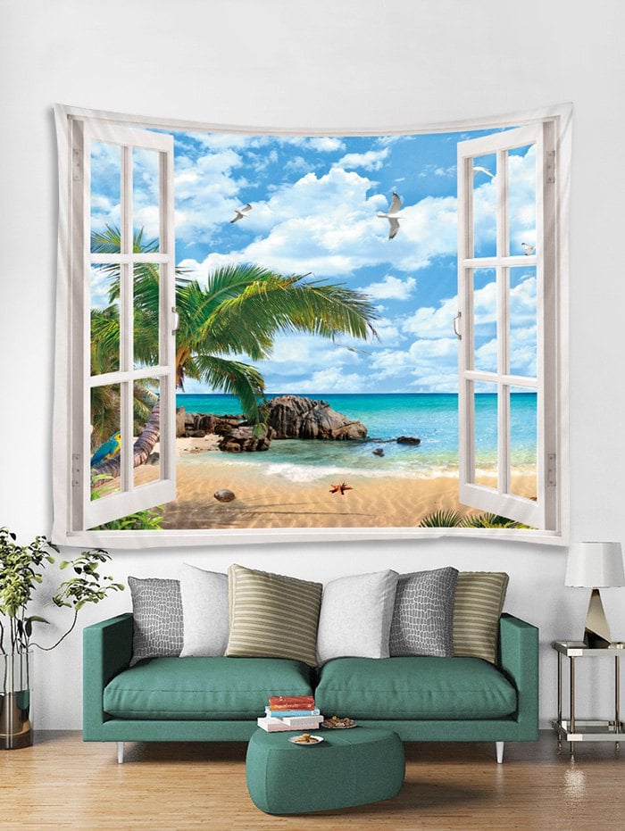 Window Beach Palm Leaves Print Tapestry Wall Hanging Art Decoration