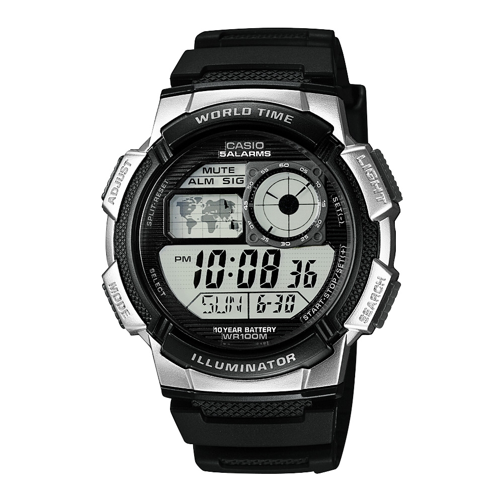 Casio Digital LCD Watch with Chrono, Timer, 5 Alarms, Worldtime, Light etc. - Model Ref AE-1000W-1A2VEF