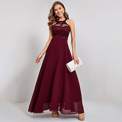 A-Line Elegant Vintage Party Wear Formal Evening Dress Jewel Neck Sleeveless Ankle Length Nylon with Lace Insert Pure Color Splicing 2022 Lightinthebox
