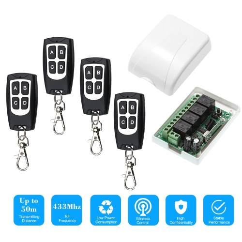Wireless Remote Control Switch Receiver Module and 4PCS 4 Key RF 433 Mhz Transmitter Remote Controls