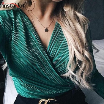 InstaHot Sexy Long Sleeve V Neck Bodysuit for Women 2019 Summer New Fashion Green Textured Shirts Button Tops Elegant Playsuits