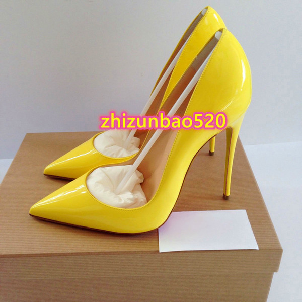 Casual Designer Sexy lady fashion women pumps yellow patent leather point toe stiletto stripper heels heel high heels party shoes pumps 12cm