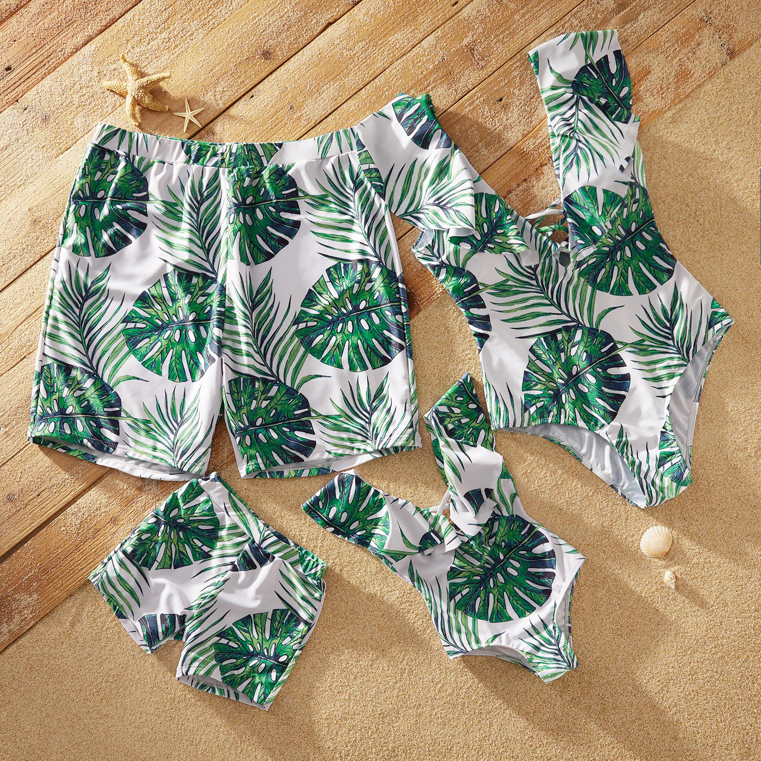 Ruffle-sleeve Tropical Plant Print Matching Swimsuits