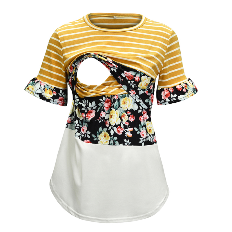 Stylish Floral and Striped Short-sleeve Nursing Tee