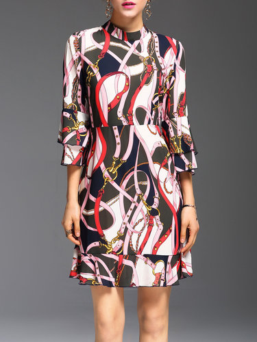 Multicolor Frill Sleeve Abstract Midi Dress