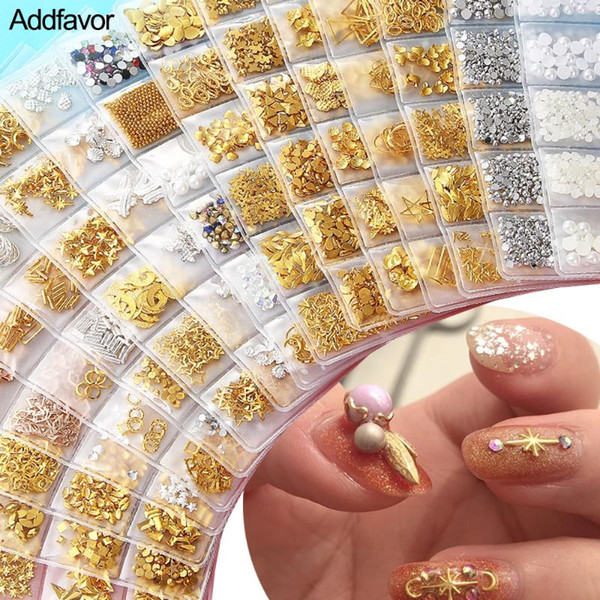 1 Bag Gold Silver Nail Charm Studs Nail Jewelry Accessories Star Moon Geometric Reviet Metal Design Stones Bead Decorations