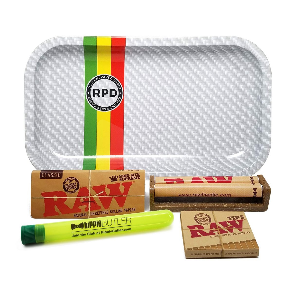 RAW King Supreme Rolling Bundle with Tray Frosted Rasta Racing Stripes