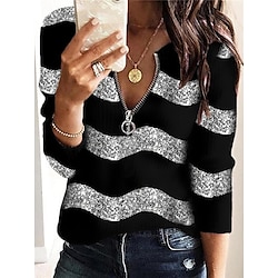 Women's Pullover Sweater Jumper Half Zip V Neck Ribbed Knit Polyester Zipper Summer Fall Outdoor Daily Going out Stylish Casual Soft Long Sleeve Striped Black Blue S M L Lightinthebox