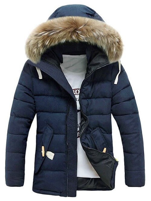 Faux Fur Hooded Button Pocket Zip Up Quilted Coat