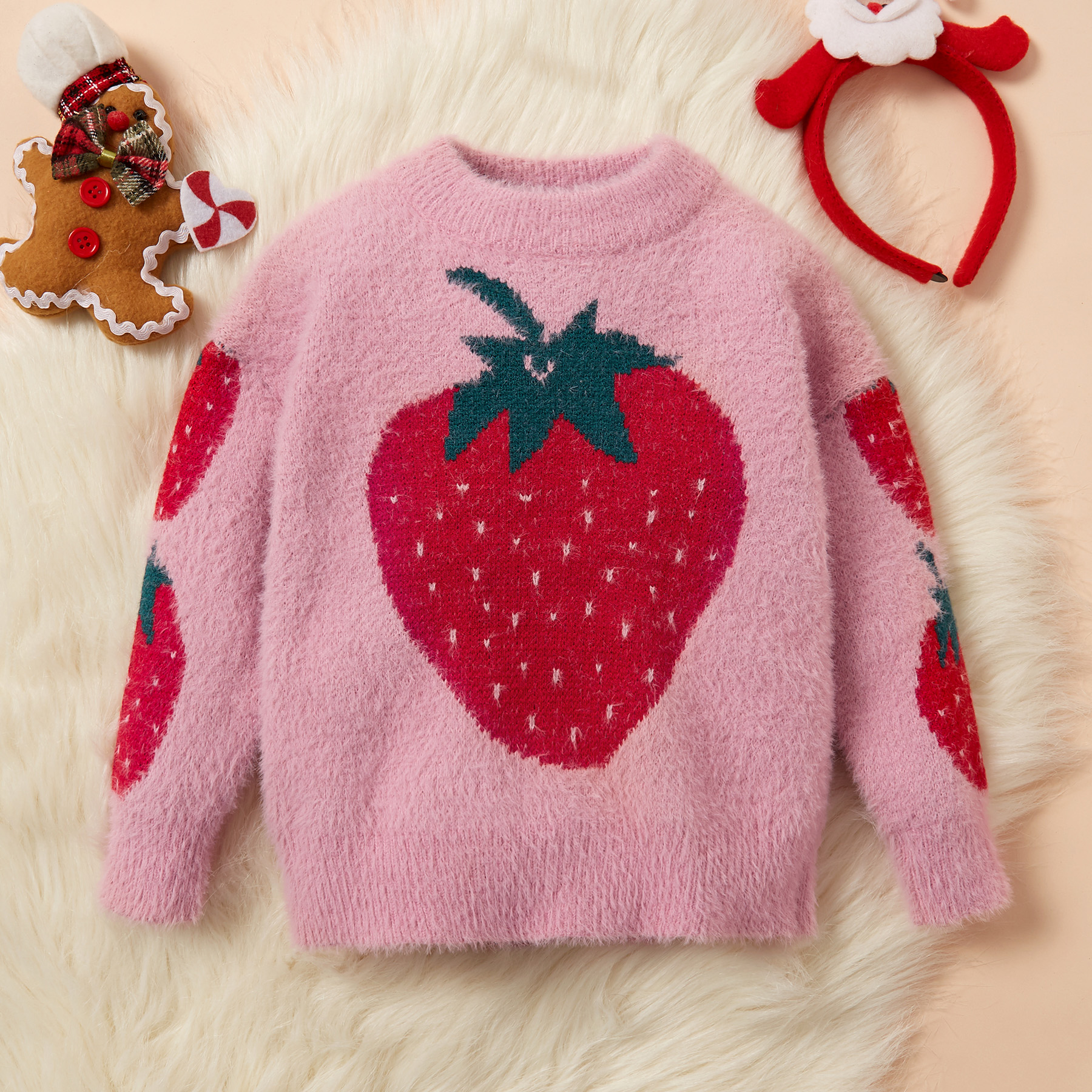 Baby / Toddler Girl Fruit Strawberry Embroidered Fluff Sweater