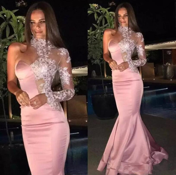 Formal Mermaid Rose Gold Evening Dresses 2017 Sexy Lace High Neck Sheer One Shoulder Long Sleeve Prom Gown Custom Red Carpet Celebrity Dress