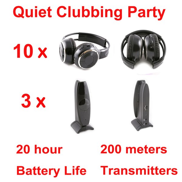 Silent Disco compete system black folding wireless headphones - Quiet Clubbing Party Bundle Including 10 Foldable Receivers and 3 Transmitters 200m distance