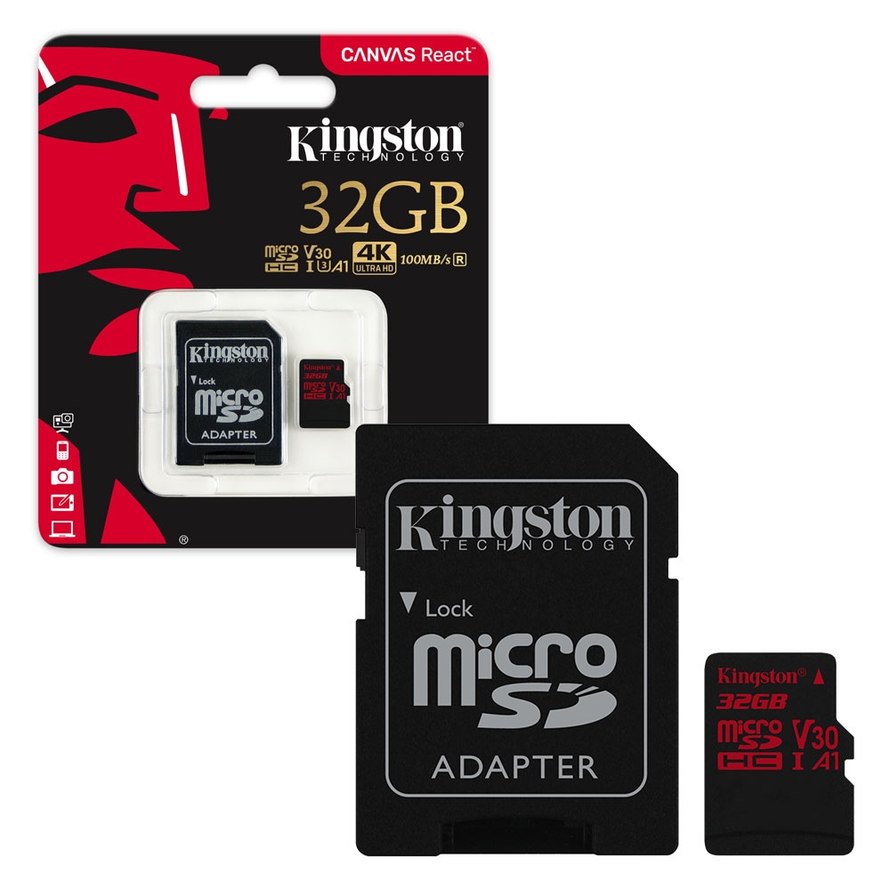 Kingston Canvas React MicroSDHC Memory Card 100MB/s UHS-1 U3 A1 V30 Class 10 With Adapter - 32GB