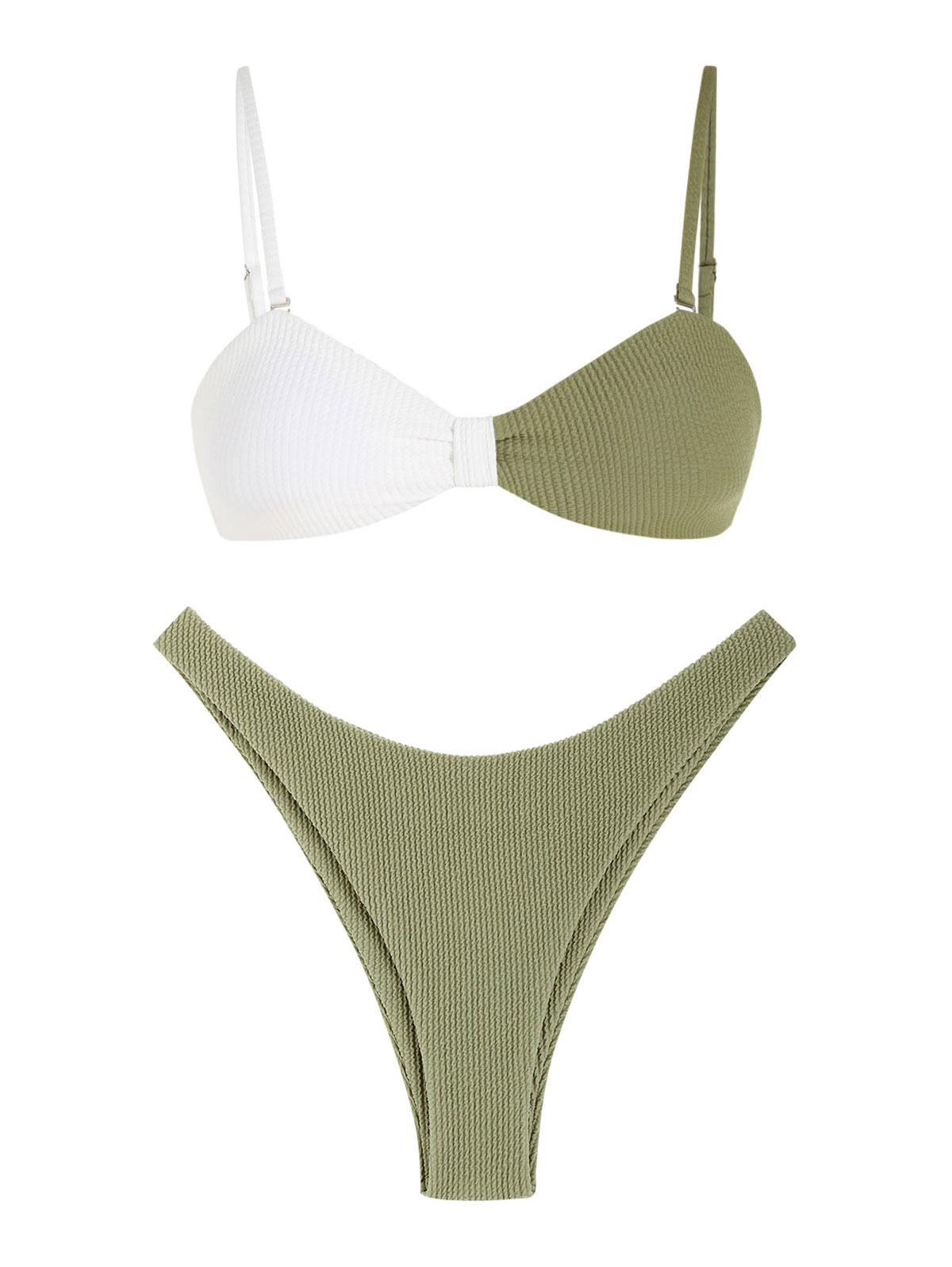 ZAFUL Colorblock Crinkle Knotted Bikini Swimwear S Light green