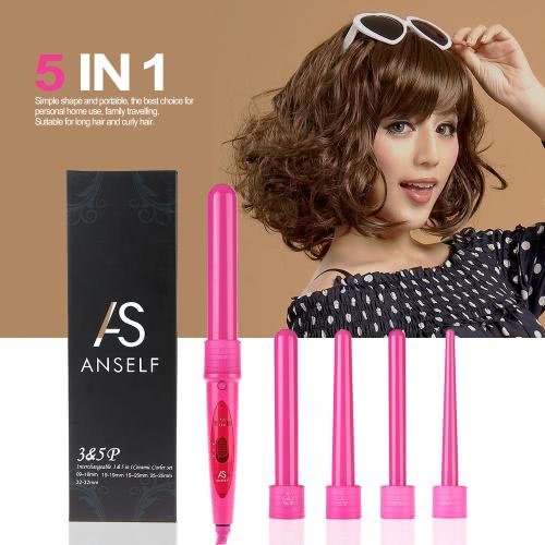 Anself Professional Hair Curler Roller 5 in 1 Functions Cylindrical 5 Curling Irons Wand Set Perm Hair Curling Instrument Pink UK Plug