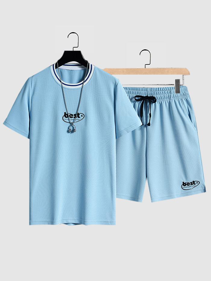 ZAFUL Men's Letter Printed Textured Short Sleeves T-shirt and Shorts Set Xs Day sky blue