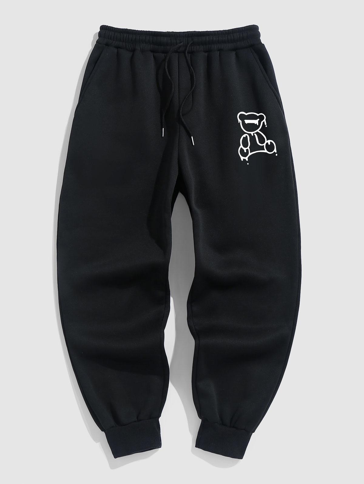ZAFUL Men's Drippy Bear Pattern Fleece Thermal Lined Jogger Sweatpants M Black