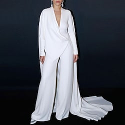 Jumpsuits Celebrity Style Elegant Engagement Formal Evening Dress V Neck Long Sleeve Court Train Stretch Fabric with Pure Color Tail 2022 Lightinthebox