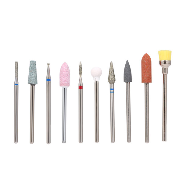 10pcs nail drill bits cuticle cleaner dust drill brush rotary polishing file grinding heads nail art salon tools