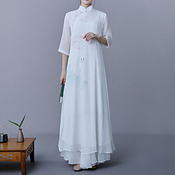 Women's Chiffon Dress Midi Dress White 3/4 Length Sleeve Floral Layered Chiffon Button Spring Summer Stand Collar Elegant Vintage Traditional 2021 M L XL XXL miniinthebox