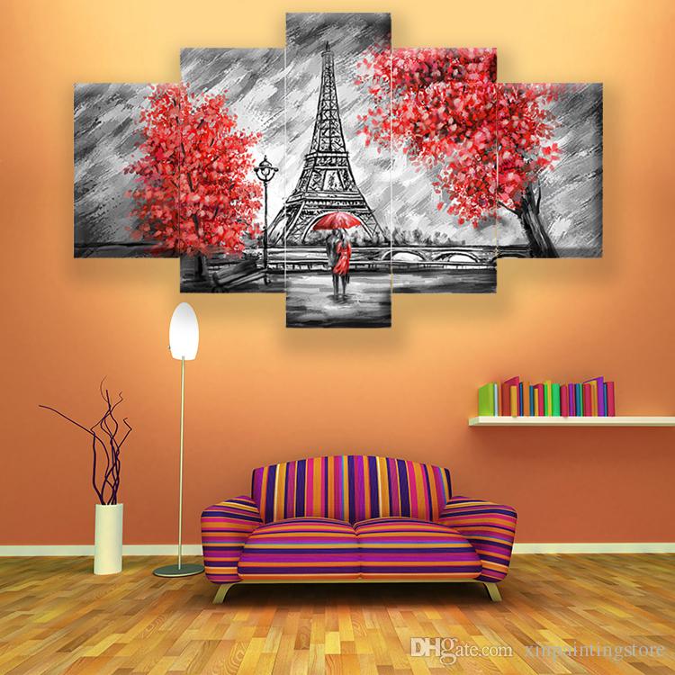 cartoon Motorcycle love couple red tree dark pairs Tower 5 Piece Wall Art Canvas Painting Modular Picture Room Decoration Print No Framed