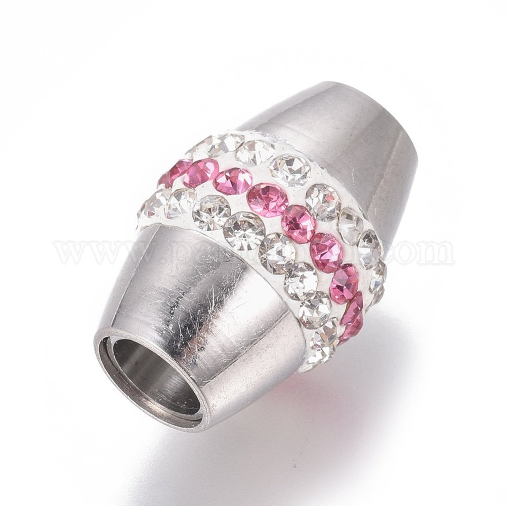304 Stainless Steel Magnetic Clasps, with Polymer Clay Rhinestone, Barrel, Stainless Steel Color, Light Rose, 18x12mm, Hole: 5mm
