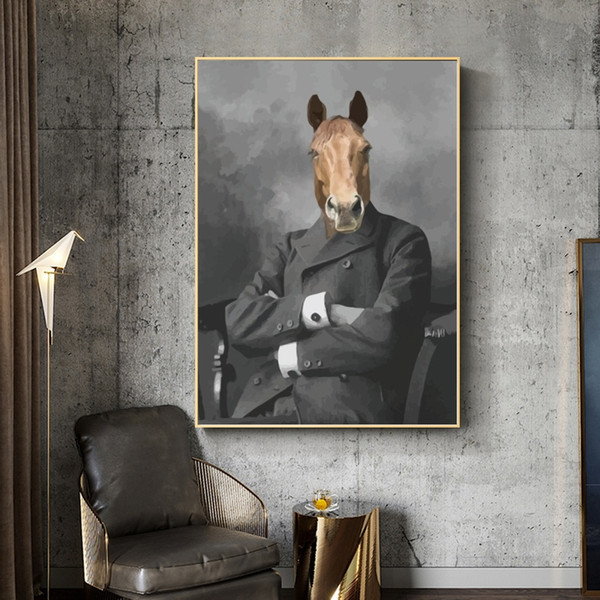 black and white horse in a suit wall art posters and prints gentlemen animal canvas paintings on the wall for home decoration