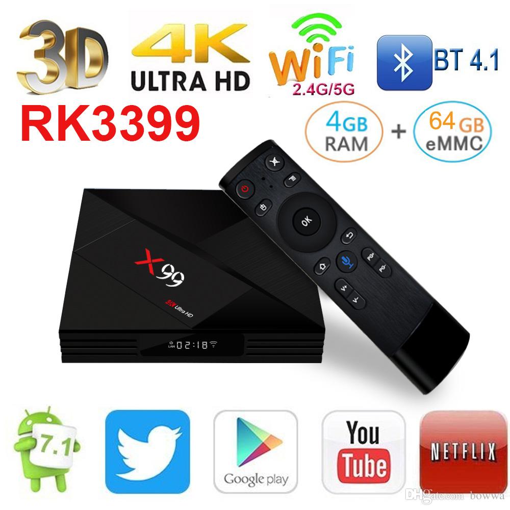 X99 Smart Android 7.1 TV Box RK3399 Six Core 4G 64G UHD 4K WiFi 1000M LAN BT4.1 HDR10 Media Player with Voice Control