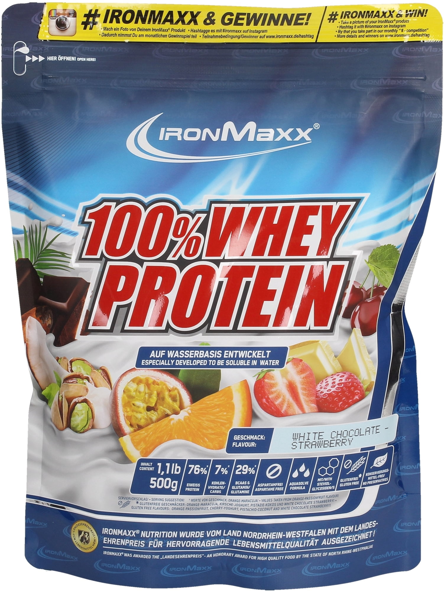 ironMaxx 100% Whey Protein 500 g Beutel - Erdbeere-Weisse Schokolade