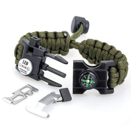 Survival Bracelet Essential Survival Gear Kit with SOS Led Light Compass Fire Starter Whistle for Camping Hiking Survival Trips