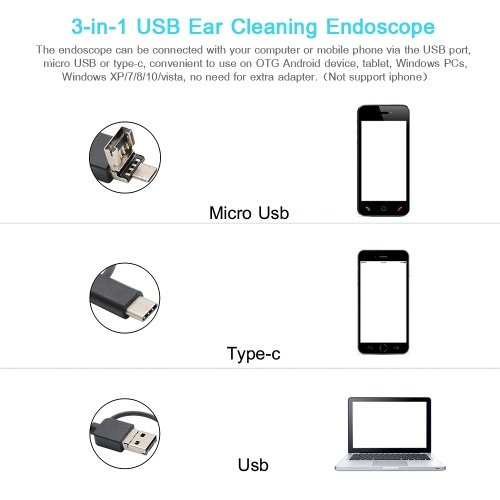 3-in-1 USB Ear Cleaning Earpick Endoscope LED Light Multifunctional Borescope Inspection Camera 0.3MP Visual Ear Spoon Health Care Cleaning Tool Earwax Clear Remover Tools Ear Cleaner for OTG Android Micro USB PC