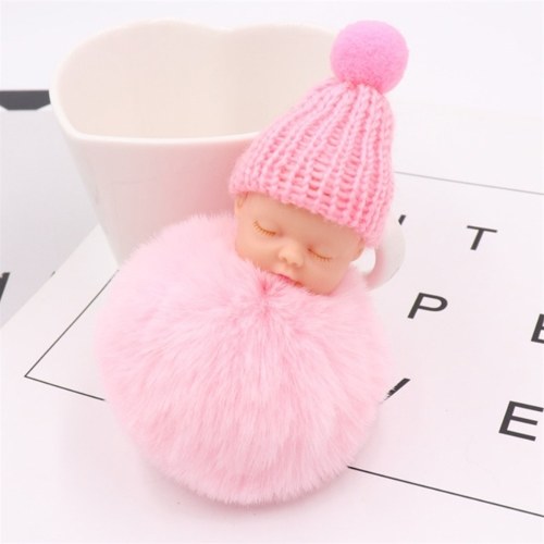 Cute Small Sleeping Baby Doll Fake Fur Fluffy Ball Keychain Bag Key Rings Pendant Ornaments Gifts Color White
