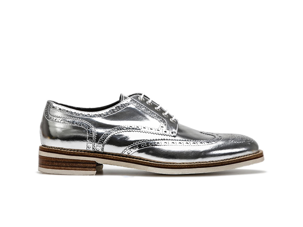 Volta - Silver Laminated Shiny Leather Men Derby Wing Brogue