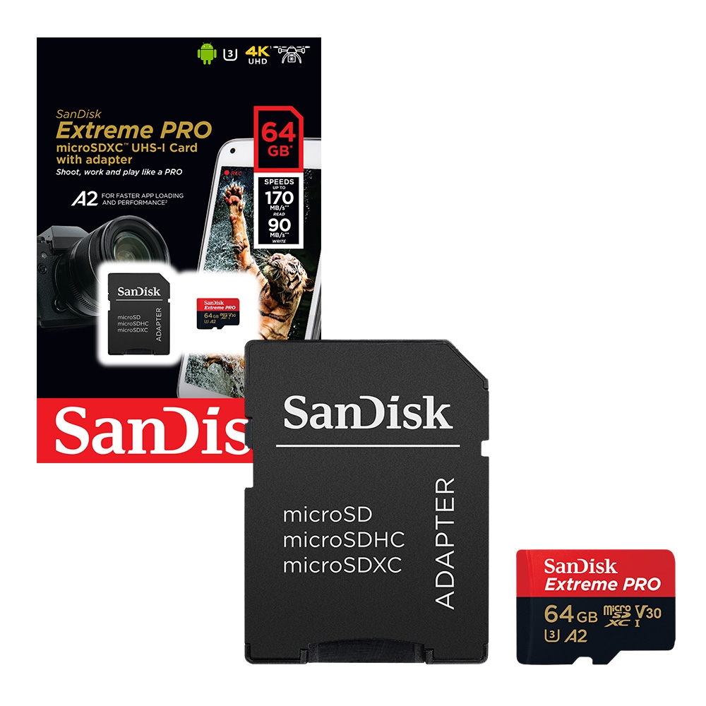 SanDisk Extreme Pro Micro SD Memory Card Class 10 UHS-1 U3 V30 UHD 4K A2 170MB/s Inc SD Card Adapter - 64GB