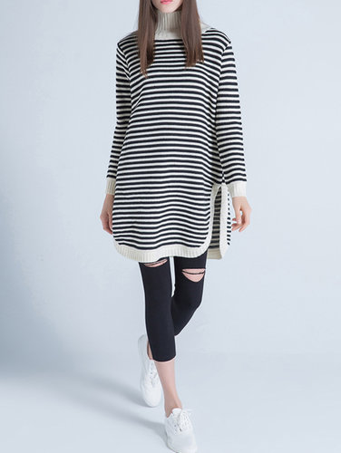 Beige Long Sleeve Turtleneck Stripes Sweater