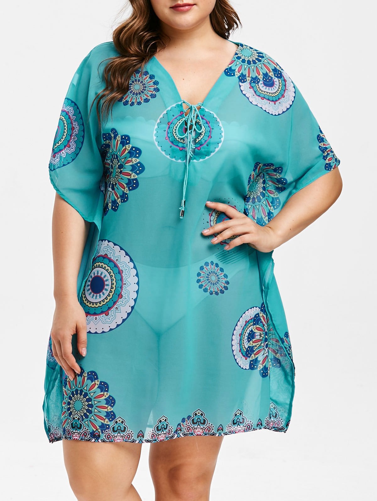 Lotus Print Plus Size Lace Up Cover Up
