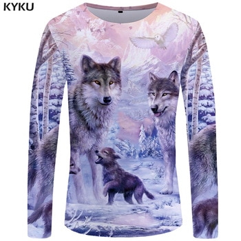 KYKU Wolf T shirt Men Long sleeve shirt Love Streetwear Snow Graphic Mountain Clothes Jungle 3d T-shirt Hip hop Mens Clothing