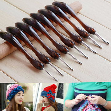 8 Pcs Brown Aluminium Soft Handles Crochet Hooks Knitting Needles Set DIY Crafts